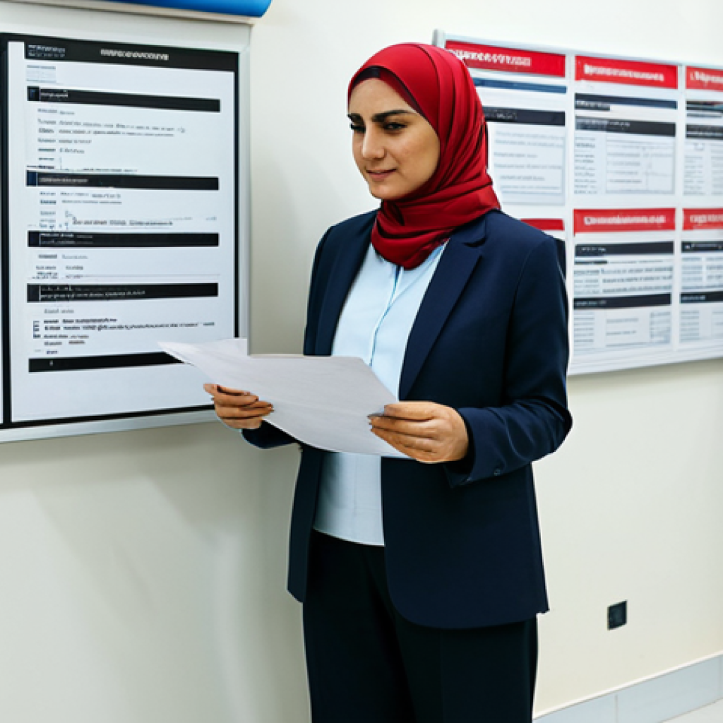 A Turkish woman in her late 30s, dressed in a modest, contemporary casual outfit, appropriate for a public building, perhaps a long-sleeved blouse and trousers. She stands in a well-lit, clean, modern Turkish public service office, with subtle signage in Turkish script. She holds a document, looking towards a complex set of administrative forms or a long queue, conveying the challenges of navigating bureaucracy. Professional photography, clear focus, natural lighting, high resolution, perfect anatomy, correct proportions, natural pose, well-formed hands, proper finger count, natural body proportions, safe for work, appropriate content, fully clothed, modest, family-friendly.