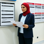 A Turkish woman in her late 30s, dressed in a modest, contemporary casual outfit, appropriate for a public building, perhaps a long-sleeved blouse and trousers. She stands in a well-lit, clean, modern Turkish public service office, with subtle signage in Turkish script. She holds a document, looking towards a complex set of administrative forms or a long queue, conveying the challenges of navigating bureaucracy. Professional photography, clear focus, natural lighting, high resolution, perfect anatomy, correct proportions, natural pose, well-formed hands, proper finger count, natural body proportions, safe for work, appropriate content, fully clothed, modest, family-friendly.
