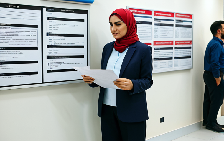 A Turkish woman in her late 30s, dressed in a modest, contemporary casual outfit, appropriate for a public building, perhaps a long-sleeved blouse and trousers. She stands in a well-lit, clean, modern Turkish public service office, with subtle signage in Turkish script. She holds a document, looking towards a complex set of administrative forms or a long queue, conveying the challenges of navigating bureaucracy. Professional photography, clear focus, natural lighting, high resolution, perfect anatomy, correct proportions, natural pose, well-formed hands, proper finger count, natural body proportions, safe for work, appropriate content, fully clothed, modest, family-friendly.