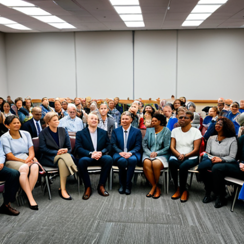 ** A diverse group of people (professionals, citizens) participating in a town hall meeting, discussing policy impacts. Focus on active listening and engagement. Fully clothed, appropriate attire, professional environment. Safe for work, family-friendly, perfect anatomy, natural poses, high quality.

**