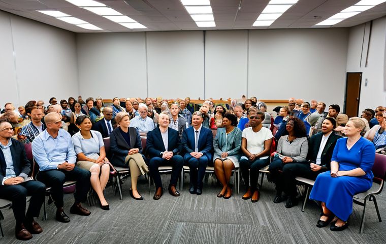 ** A diverse group of people (professionals, citizens) participating in a town hall meeting, discussing policy impacts. Focus on active listening and engagement. Fully clothed, appropriate attire, professional environment. Safe for work, family-friendly, perfect anatomy, natural poses, high quality.
**