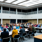 ** A diverse group of people participating in a town hall meeting, discussing local issues in a modern municipal building. Fully clothed, professional setting, emphasizing community engagement. Safe for work. Perfect anatomy, natural pose, high quality.

**