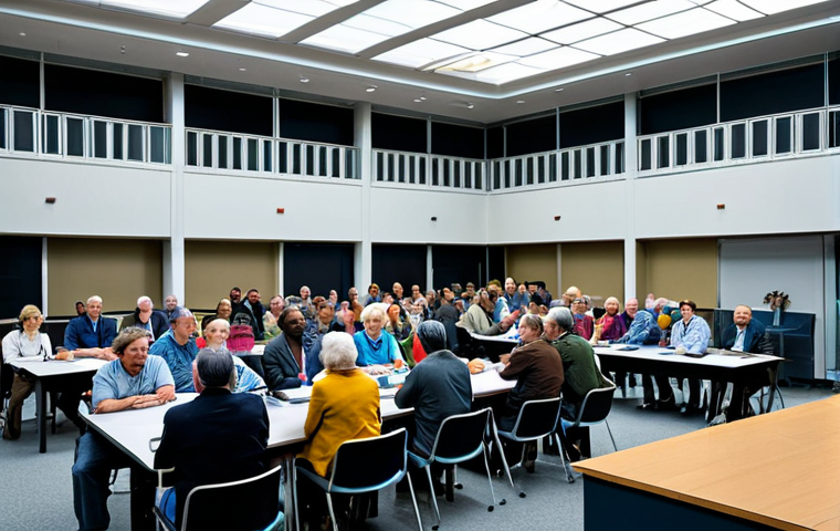** A diverse group of people participating in a town hall meeting, discussing local issues in a modern municipal building. Fully clothed, professional setting, emphasizing community engagement. Safe for work. Perfect anatomy, natural pose, high quality.
**